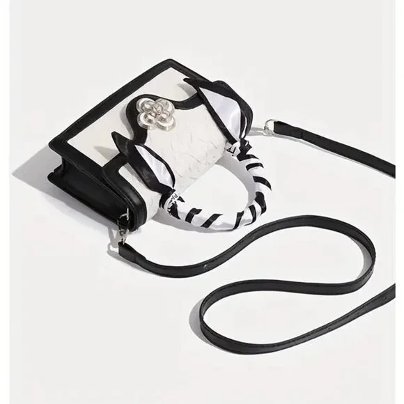 Chic Black/White Textures Floral Mini Crossbody Top Handle Bag w/Twilly - Picture 9 of 13